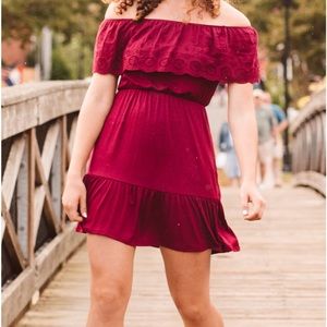 Burgundy, flowy, strapless dress